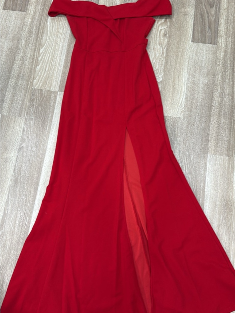 Elegant Off-Shoulder Red Gown with Front Slit
